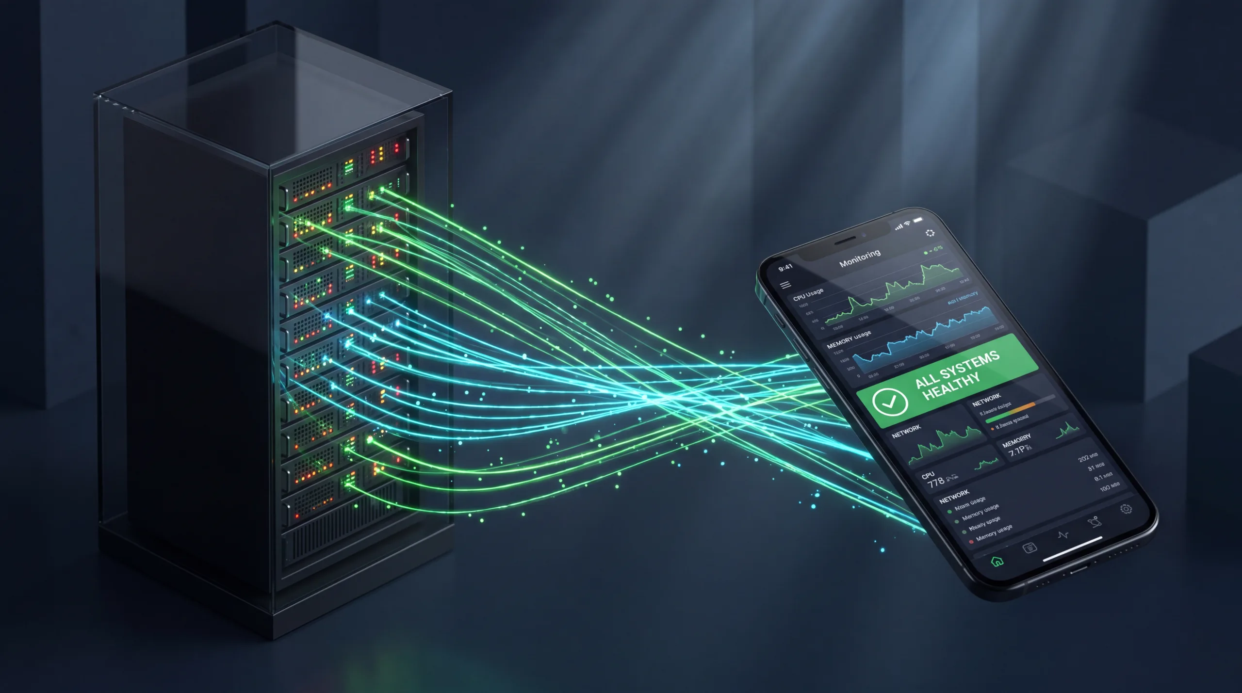 Watchlog — live server monitoring dashboard on a phone receiving real-time metrics from a server rack