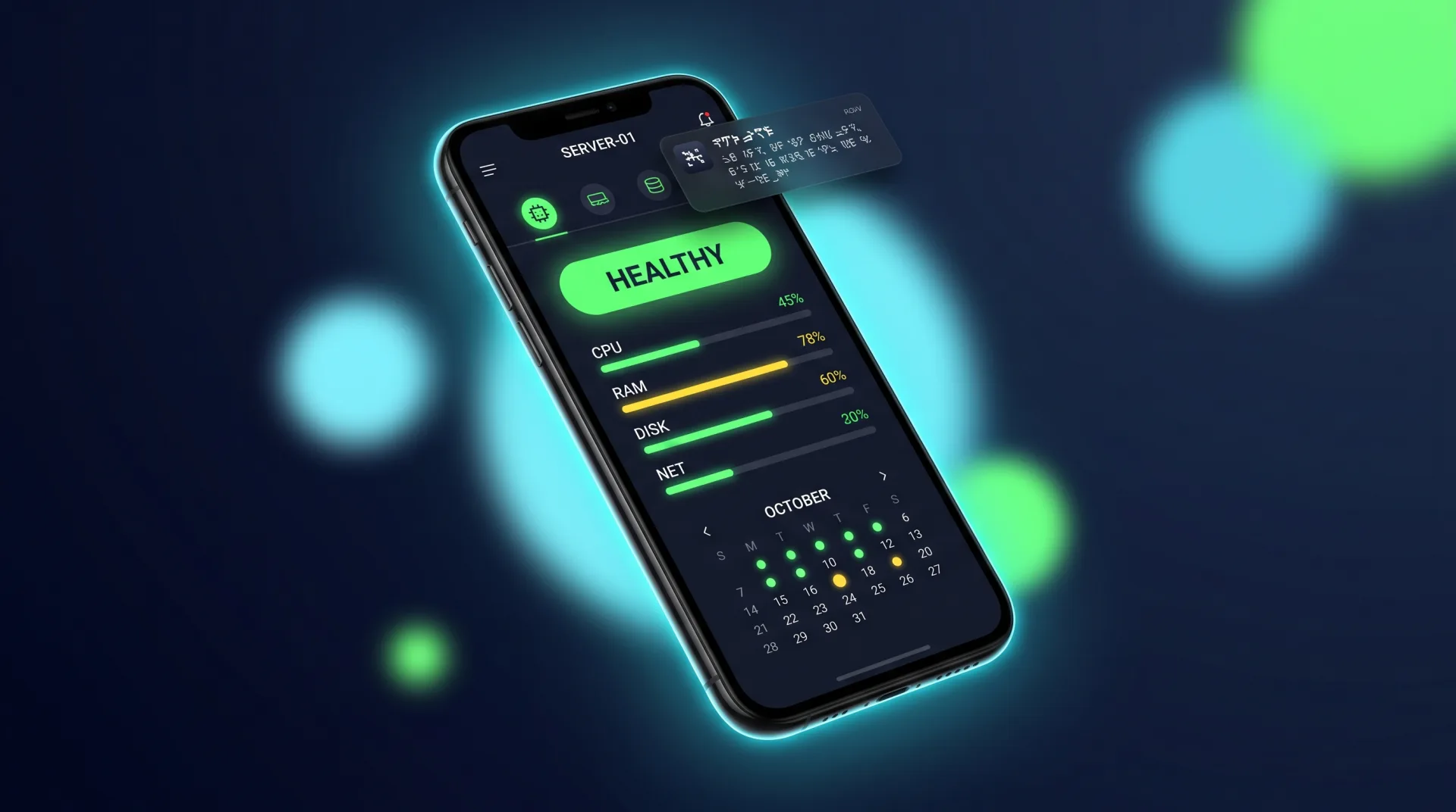 Watchlog mobile app — phone screen showing host status, live disk and RAM bars, calendar history, and a push-notification banner